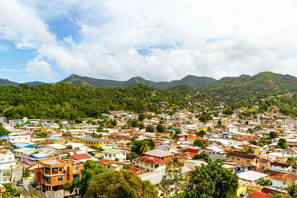 Quartier de maisons aux toits de tôle au pied de collines boisées